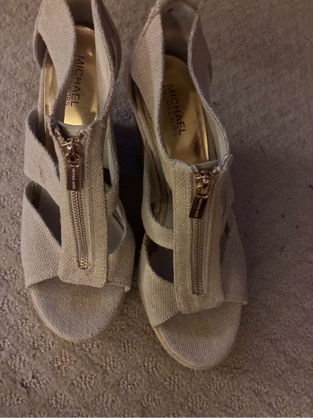 Michael Kors Neutral Beige Canvas Zip Wedge Sandals